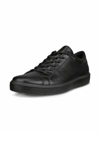 Schwarze Ledersneaker mit runder Zehenpartie, strukturiertem Gummisohle und Schnürdesign, das minimale Nähte auf dem Obermaterial aufweist.