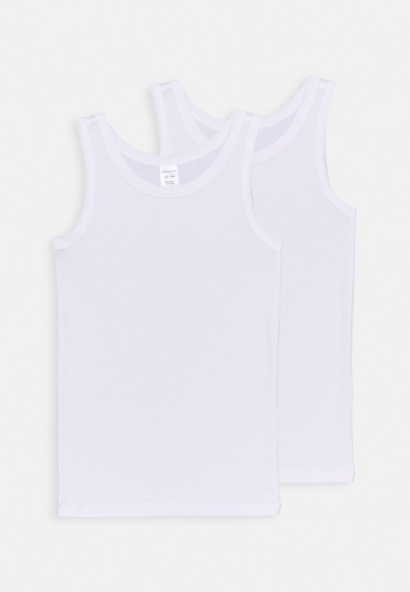 Duas camisetas de algodão brancas com uma textura suave, apresentando decotes redondos e sem desenhos ou padrões, dispostas de forma plana, com uma parcialmente sobreposta à outra.