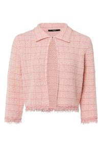 Cardigan corto rosa realizzato in tessuto intrecciato testurizzato. Presenta un colletto, apertura frontale e orlo frangiato. Senza bottoni né chiusure.