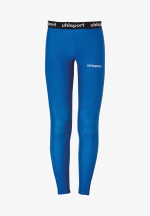 Leggings de sport bleus en matériau extensible. Dotés d'une taille noire avec le logo "uhlsport" et des éléments de design contrastants.
