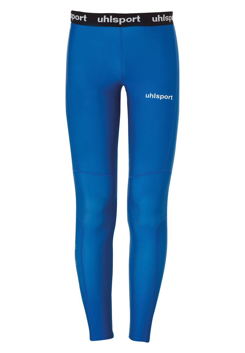 Blauwe sportlegging gemaakt van rekbaar materiaal. Heeft een zwarte tailleband met het "uhlsport" logo en contrasterende ontwerpelementen.