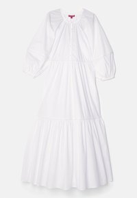 Robe midi blanche à manches longues avec encolure froncée, patte de boutonnage devant, manches bouffantes et jupe à volants.