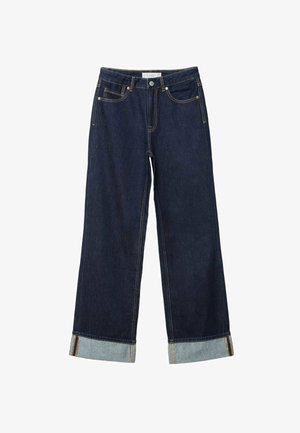 Mørkeblå vide jeans med højt talje, med opfoldede vamsser, kontrastsyning og fem-lommers design. Lavet af denim stof.