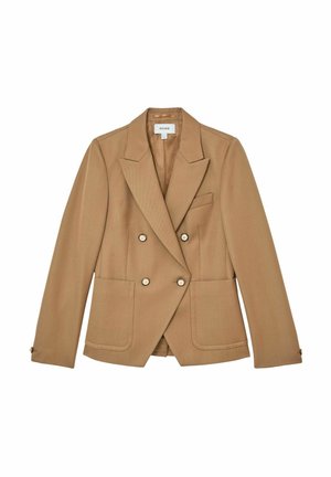 Kahekordse kinnitusega beež jakk koos struktureeritud krae ja kahe esikoti ning kuldse tooniga nööpidega, valmistatud tekstuurse kangast.