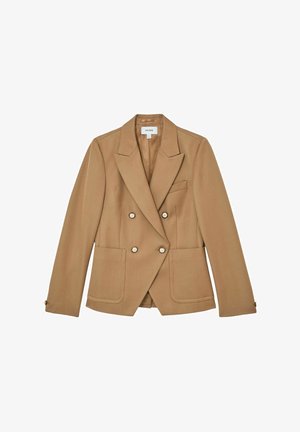 Kétsoros, világosbarna zakó strukturált gallérral, két elején zsebbel és aranyszínű gombokkal, texturált anyagból készült.