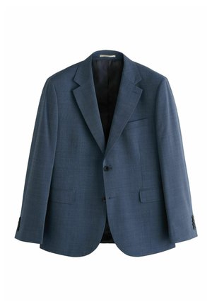 Blue single-breasted men's blazer with notched lapels, two-button closure, flap pockets, and black inner lining.