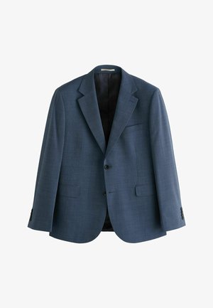 Kék, egysoros férfi blézer bevágott hajtókákkal, kétgombos rögzítéssel, zsebkiképzés zsebekkel és fekete belső béléssel.