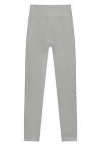 Leggings gris en matériau extensible, dotés d'une large taille, d'un design ajusté et d'une texture lisse, adaptés pour le sport ou les loisirs.