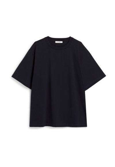 T-shirt surdimensionné bleu marine en coton doux. Il présente un col rond et des manches courtes, avec un design simple sans graphismes visibles.