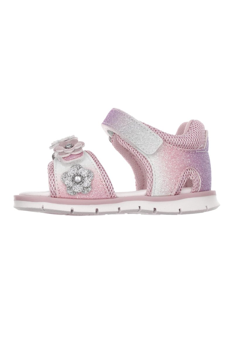 Sandali per bambini rosa e viola con rete glitterata, dettagli floreali e fasce regolabili con chiusura a strappo; soletta imbottita con grip.