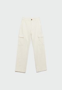 Beige cargo bukser lavet af bomuld, med lige ben, to forlommer og to sidelommer med knaplukning.