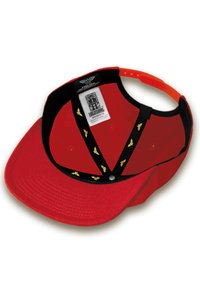 Red baseball cap with a wide visor, black inner lining, and gold Wonder Woman logos on the sweatband. Adjustable snapback closure at the back.