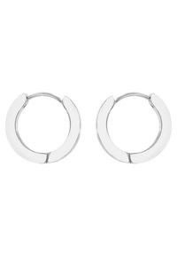 Orecchini a cerchio in argento con una finitura liscia e lucida e un design semicircolare, caratterizzati da una sottile apertura per la chiusura.