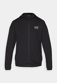 Mustapaita, jossa on vetoketju ja sileä kangas, korkea kaulus, pitkät hihat ja valkoinen EA7-logo rinnassa.