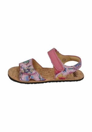 Rosa Sandalen aus gemustertem synthetischem Material mit Korkfußbett, verstellbaren Riemen, offenem Zehendesign und strukturiertem schwarzen Gummisohle.