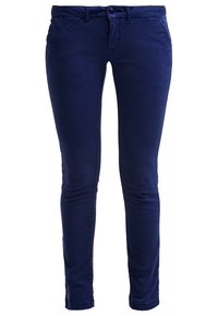 Mörkblå slim-fit byxor i bomullsmaterial. Har ett knappstängning, bälteshällor och två framfickor med en slät yta.