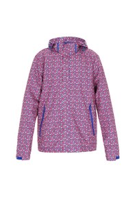 Veste rose colorée avec un motif géométrique, dotée d'une capuche, d'une fermeture éclair à l'avant et de deux poches latérales avec des accents bleus contrastants.