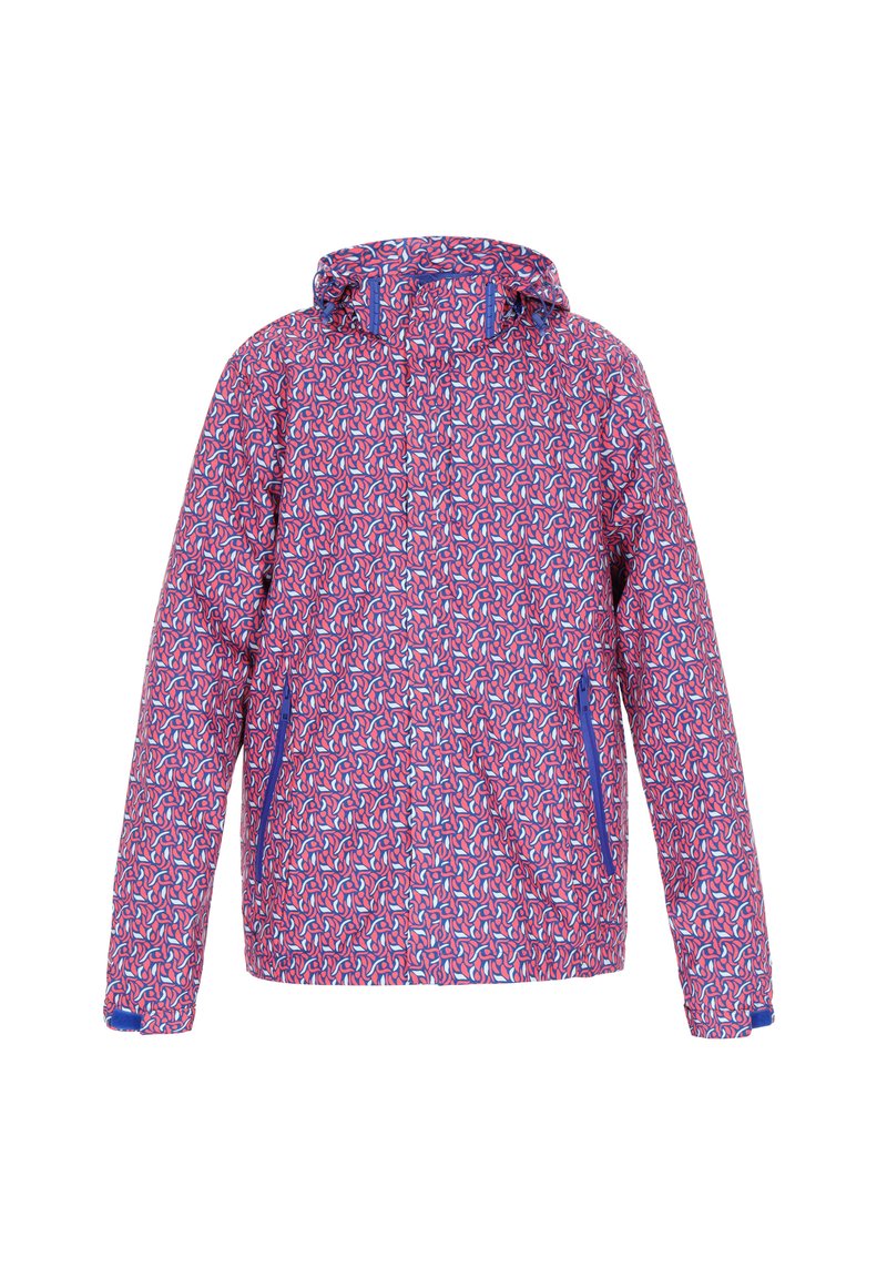 Veste rose colorée avec un motif géométrique, dotée d'une capuche, d'une fermeture éclair à l'avant et de deux poches latérales avec des accents bleus contrastants.