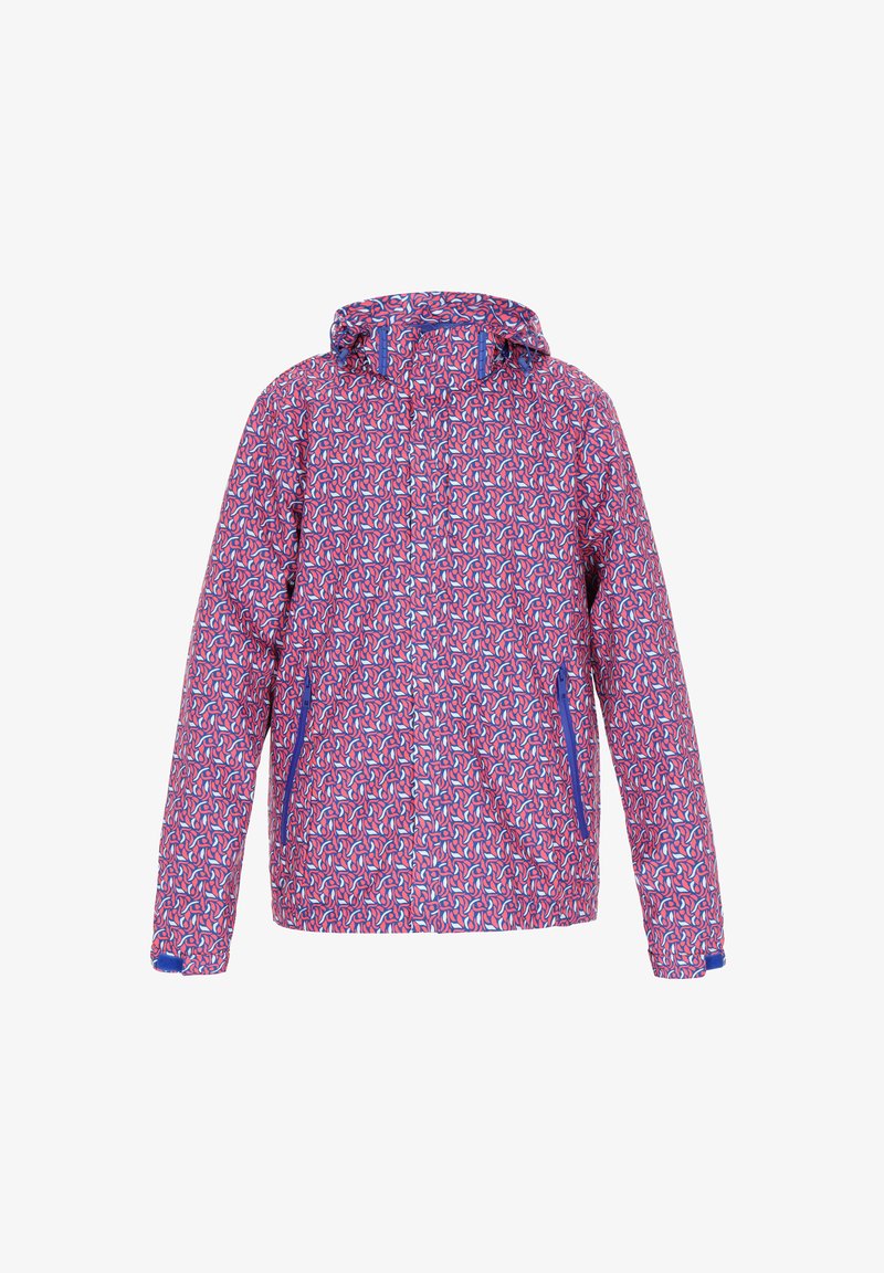 Veste rose colorée avec un motif géométrique, dotée d'une capuche, d'une fermeture éclair à l'avant et de deux poches latérales avec des accents bleus contrastants.