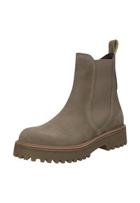 Chelsea boots in taupe leather with elastic side panels, rugged rubber outsole, and a pull tab for easy wear. Features subtle textured detail.