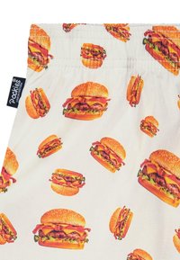 Tessuto bianco con un motivo ripetuto di hamburger illustrati, compresi dettagli come lattuga, formaggio e pancetta. Vita elastica.