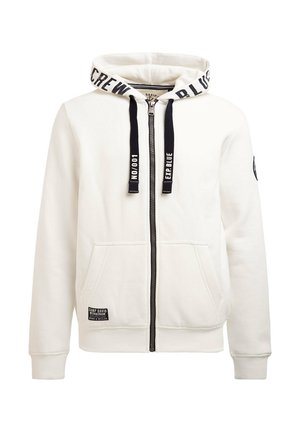 Biała rozpinana bluza z kapturem z czarnymi sznurkami, oznaczona napisem "NO/001" i "EXP.BLUE", z kieszeniami z przodu oraz napisem na krawędzi kaptura "CREW BLUE."