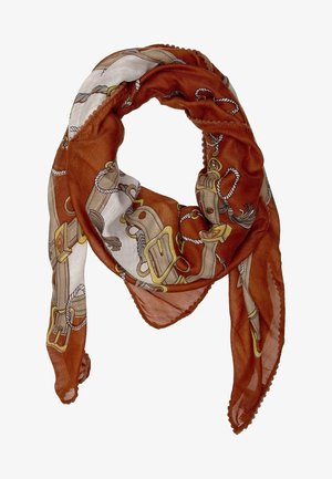 Écharpe en soie avec un fond orange rouille et blanc, présentant des motifs de ceinture et de corde dans des tons beige, or et marron.