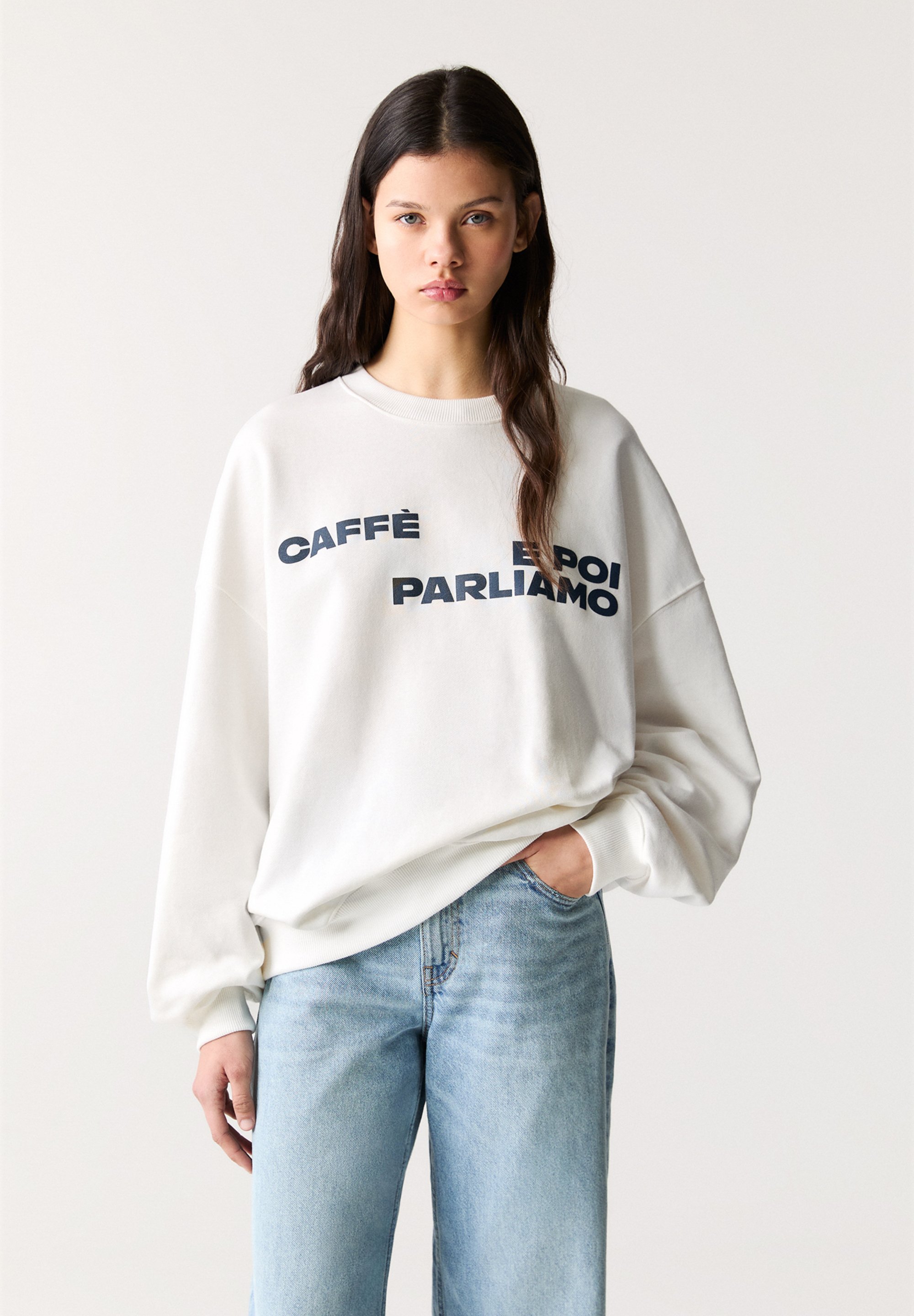 PULL BEAR BIALETTI CAFFE E POI PARLIAMO Felpa white bianco Zalando