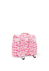 Sac à dos avec un motif abstrait rose et blanc, fabriqué à partir d'un tissu durable, avec des bretelles ajustables et une poignée supérieure pour le transport.