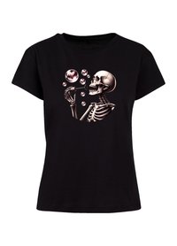 Black t-shirt featuring a graphic of a skeleton blowing bubbles, with pink heart-shaped and round bubbles. Short sleeves and a round neckline.