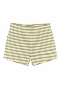 Črtaste kratke hlače v svetlo zeleni in kremni barvi, narejene iz rebraste tkanine. Imajo elastičen pas in sproščen kroj z obrobljenimi robovi.