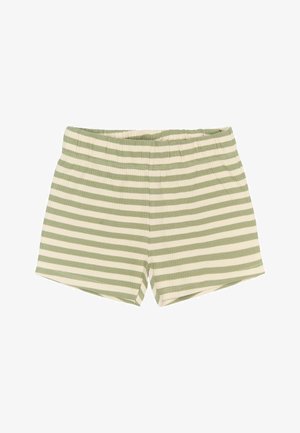 Prugaste kratke hlače u svijetlozelenoj i krem boji, izrađene od rebrastog materijala. Imaju elastičnu traku u struku i opušteni kroj s obrubljenim rubovima.