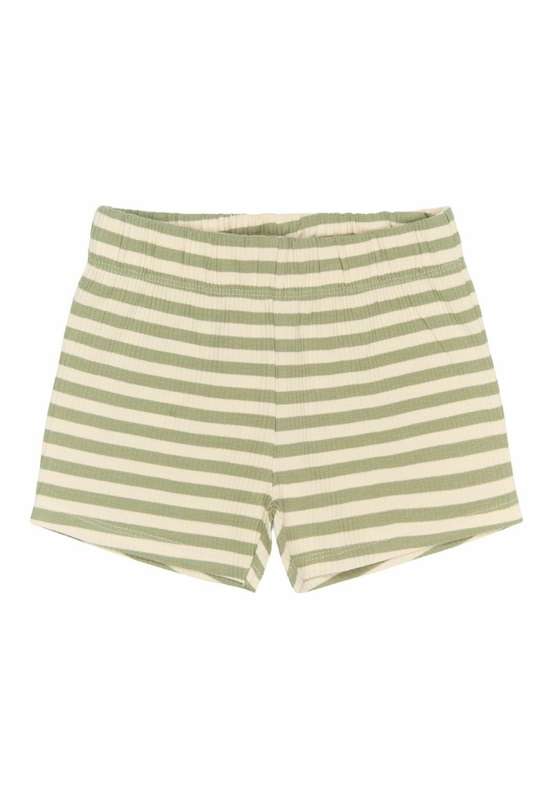 Črtaste kratke hlače v svetlo zeleni in kremni barvi, narejene iz rebraste tkanine. Imajo elastičen pas in sproščen kroj z obrobljenimi robovi.