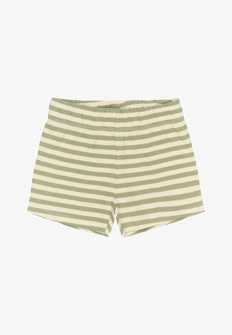 Črtaste kratke hlače v svetlo zeleni in kremni barvi, narejene iz rebraste tkanine. Imajo elastičen pas in sproščen kroj z obrobljenimi robovi.