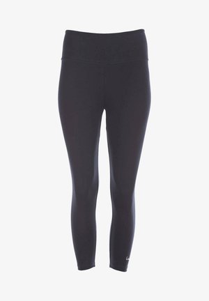 Melnas leggingas, kas izgatavotas no elastīga auduma, ar augstu jostasvietu, gludu tekstūru un logotipa detaļu pie potītes.