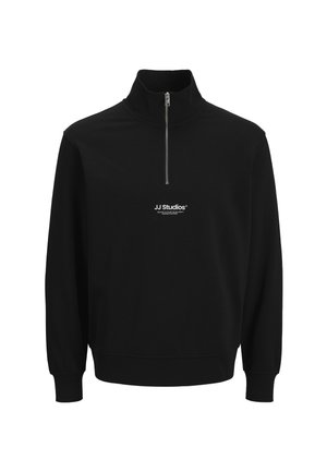 Black pullover sweatshirt with a high collar, half-length zipper, ribbed cuffs, and a small white logo on the chest. Smooth texture.