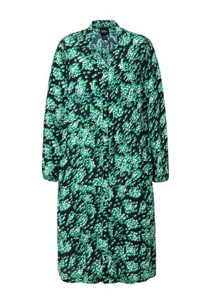Pitkähihainen napitettava mekko, joka on valmistettu kevyestä kankaasta. Mekossa on vihreä ja valkoinen abstrakti lehtikuosi mustalla taustalla.