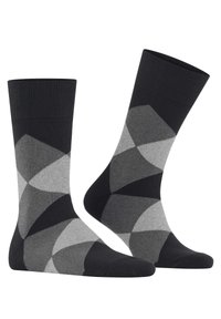Calzini neri e grigi con un motivo geometrico in diverse sfumature, polsini a costine e una texture liscia.