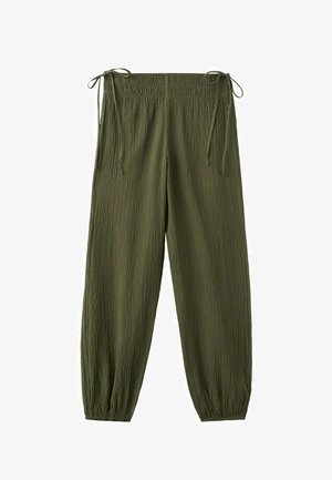 Olijfgroene gekreukelde stoffen broek met een geplooide taille, verstelbare zijstrikken en elastische boorden bij de enkels.