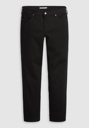 Black denim jeans with a straight fit, featuring five pockets, a button closure, and metal rivets. Smooth texture and clean design.