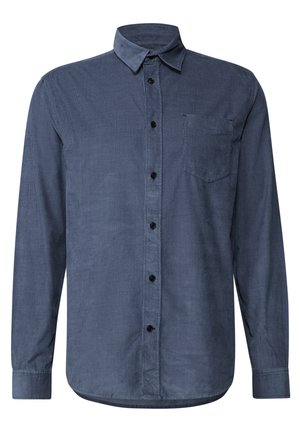 Chemise à manches longues, bleu foncé, en tissu texturé. Elle possède un col à rabats, une poche sur le devant et six boutons noirs sur le devant.