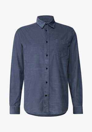 Donkerblauw hemd met lange mouwen, gemaakt van gestructureerde stof. Heeft een button-down kraag, een borstzak en zes zwarte knopen aan de voorkant.