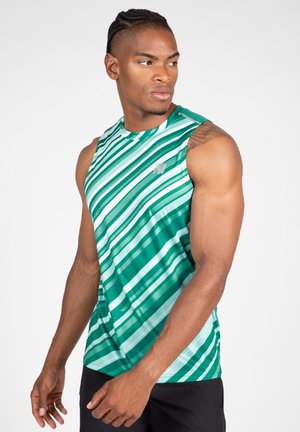Groen en wit gestreept mouwloos sportshirt van een lichte, ademende stof, met een logo op de borst en een aansluitend ontwerp.