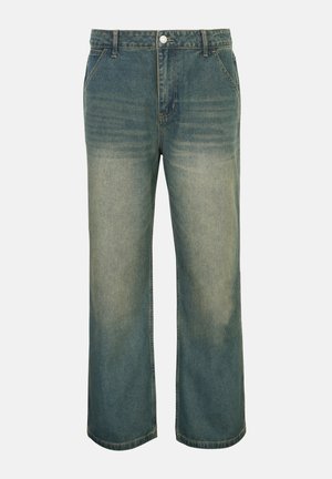 Denimjeans med løs pasform, mellemblå farve med lysere falmning, fem lommer og knaplukning i taljen.