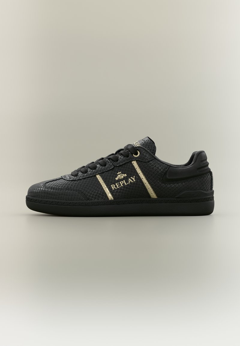 Black textured sneakers with gold accents, featuring the "REPLAY" logo, flat laces, and a black rubber sole. Side view.