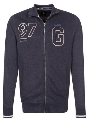 Marineblauer Sweatshirt mit Reißverschluss, bestickt mit "97" und einem großen "G" auf der Brust, gerippte Bündchen mit weißem Streifen und Seitentaschen.