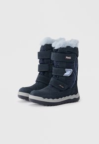 Mørkeblå vinterstøvler med faux fur-kant, doble borrelåsremmer, gummisåle og sikksakk-design. Laget av glatt materiale med teksturerte detaljer.