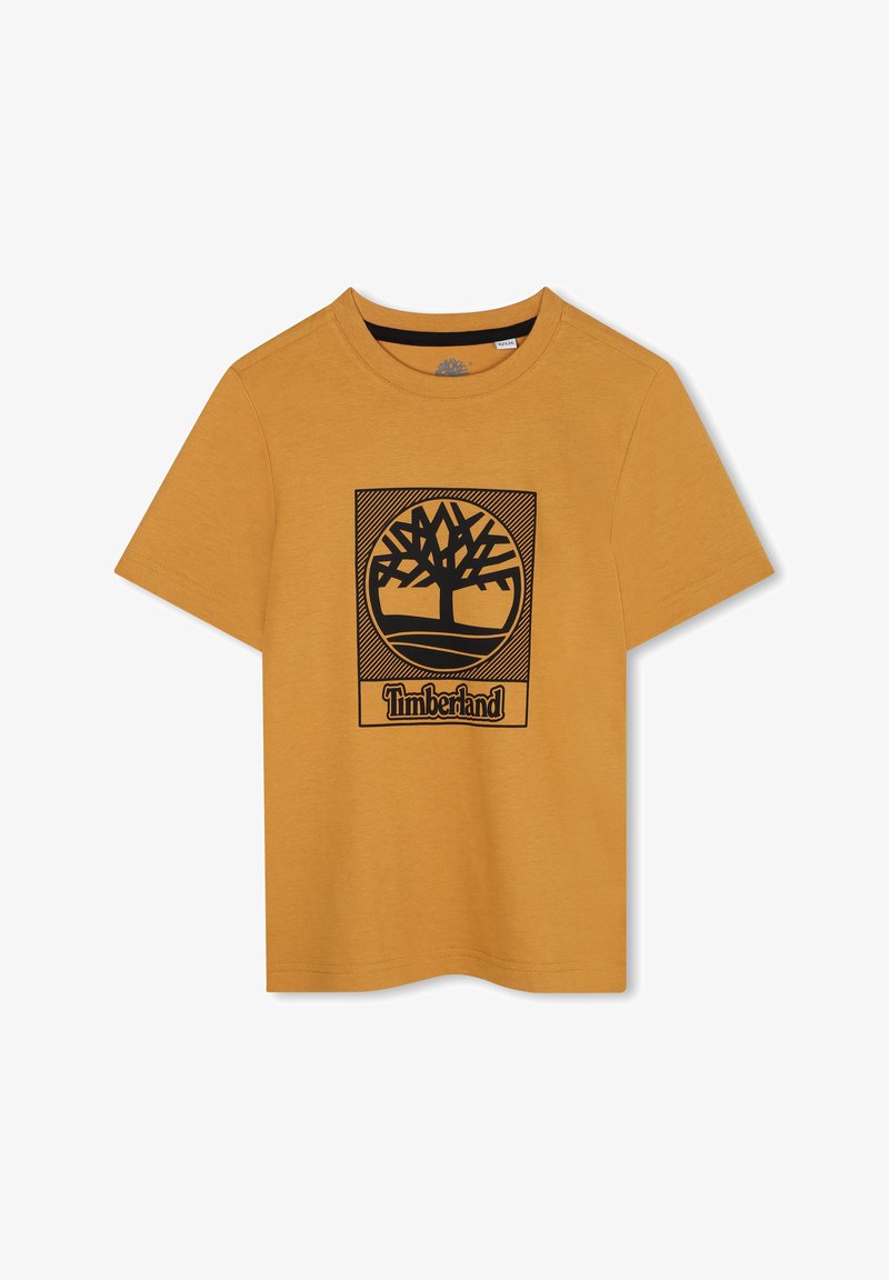 Mosterdgele T-shirt van katoen, featuring een zwarte boomafbeelding binnen een vierkant en het woord "Timberland" aan de onderkant. Ronde hals.