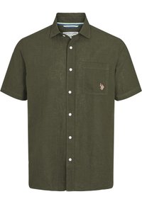 Camicia a maniche corte verde oliva in lino, con chiusura frontale a bottoni, taschino sul petto e dettaglio del logo ricamato.