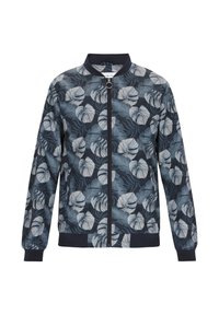 Marineblå bomberjakke med et blomsterprint, der har lyseblå blade. Designet med lynlåslukning, ribbede mansjetter og krave.